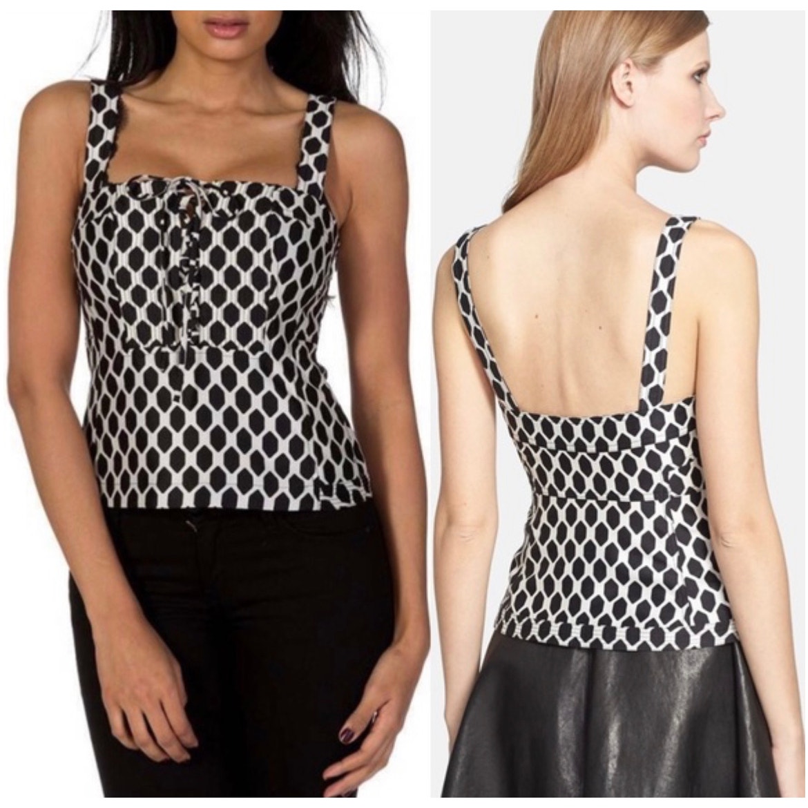 Diane Von Furstenberg Black White Geometric Lace Up Tank Top Designer Size 2